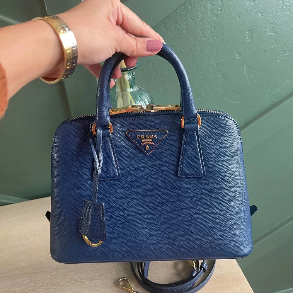 Prada Saffiano Dome Blue Mini Crossbody Bag Gold HW - Picture 2 of 14